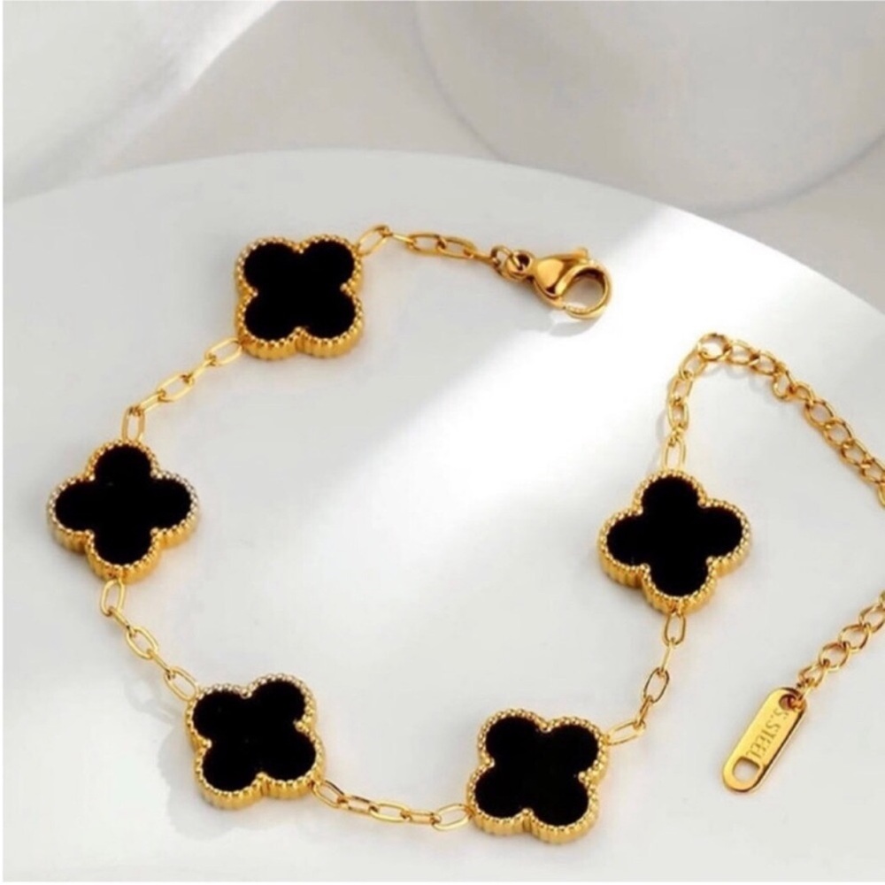 18K Plated Gold Multi Black Clover Bracelet Lucky Four Leaf Stainless Steel Boho